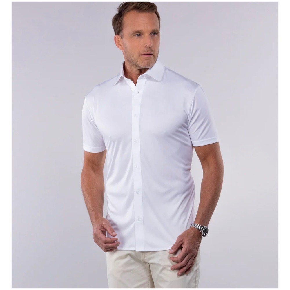 Collars & Co Men Size Medium Quattro Flex Short Sleeve Button Up Shirt White